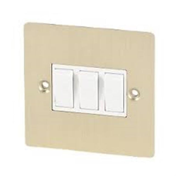 Volex 10A 3-Gang 2-Way Switch Wht Ins Brushed Brass Flt Plt