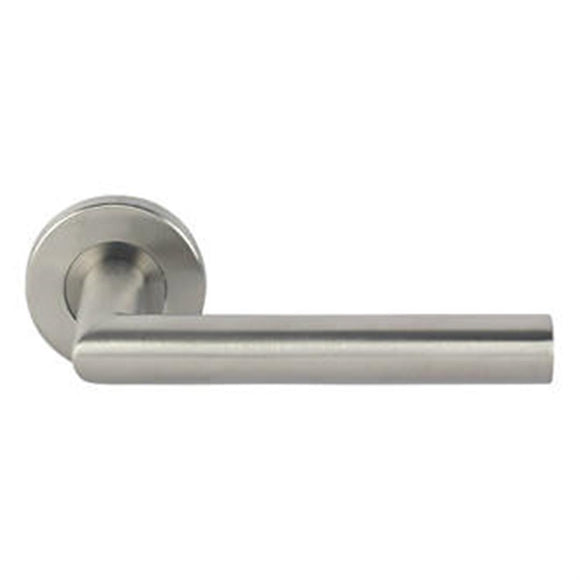 EUROSPEC MITRED MITRED LEVER ON ROSE PAIR SATIN STAINLESS STEE