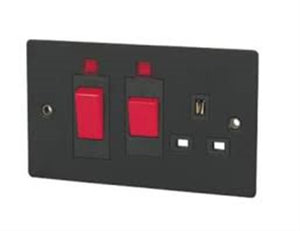 Volex 45A DP Switch 13A Socket Black Insert Matt Black Flat Plate