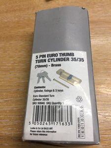 Smith & Locke 5-Pin Euro Thumb turn Cylinder 35/35 70mm Brass