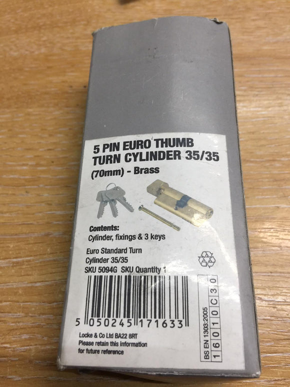 Smith & Locke 5-Pin Euro Thumb turn Cylinder 35/35 70mm Brass