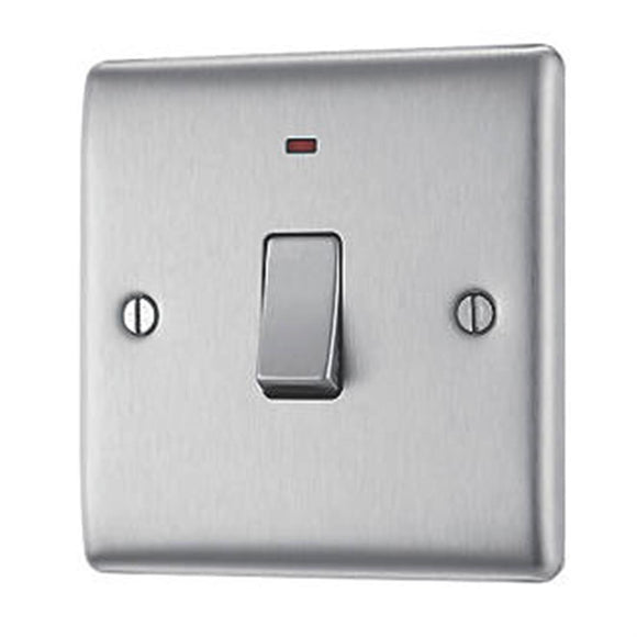 BRITISH GENERAL NEXUS METAL 20A 1-GANG DP CONTROL SWITCH BRUSHED STEEL WITH LED